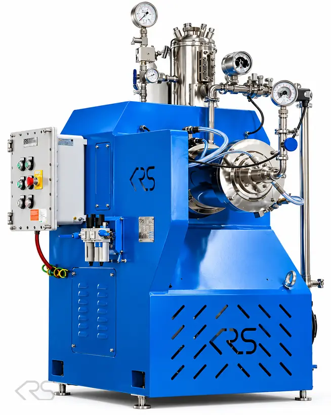 KRS horizontal bead mill with stainless steel grinding chamber, pressure gauges and control panel