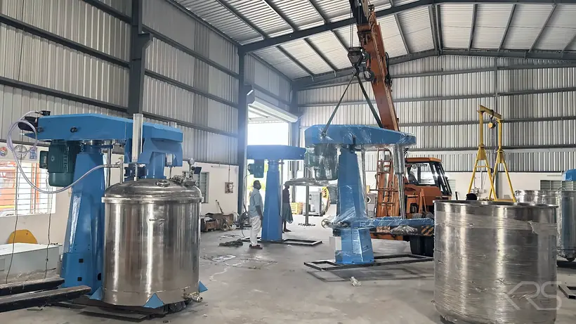 KRS DISPERMAHLTECHNIK High Speed Dissolvers and stainless steel vessels in the KRS workshop ready for dispatch
