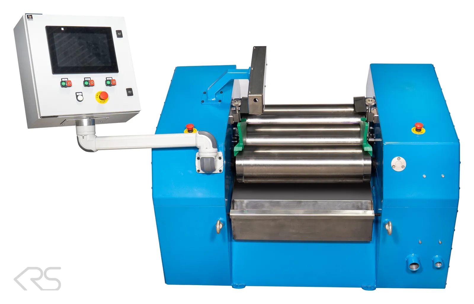 KRS three-roll mill, front view, with control panel on swivel arm