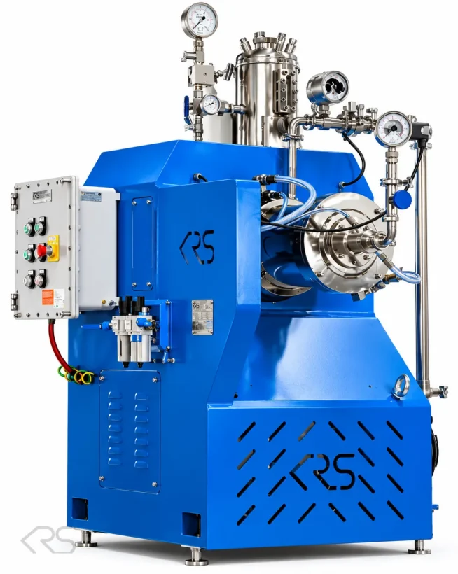 KRS horizontal bead mill with stainless steel grinding chamber, pressure gauges and control panel
