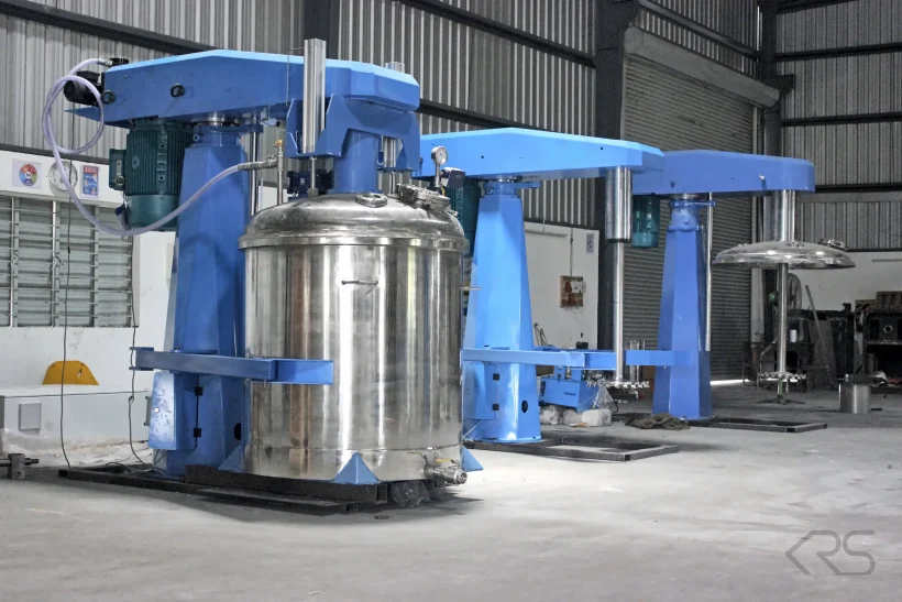 KRS DISPERMAHLTECHNIK High Speed Dispersers with stainless steel process vessel in the KRS assembly hall