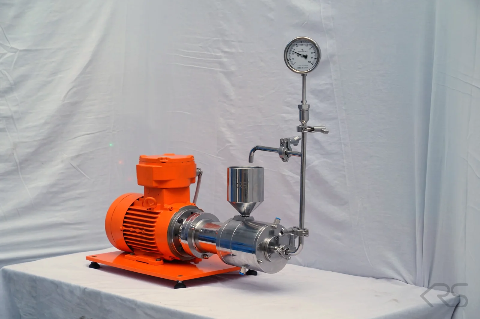 KRS DISPERMAHLTECHNIK Laboratory Bead Mill with stainless steel grinding chamber, feed hopper and dial thermometer